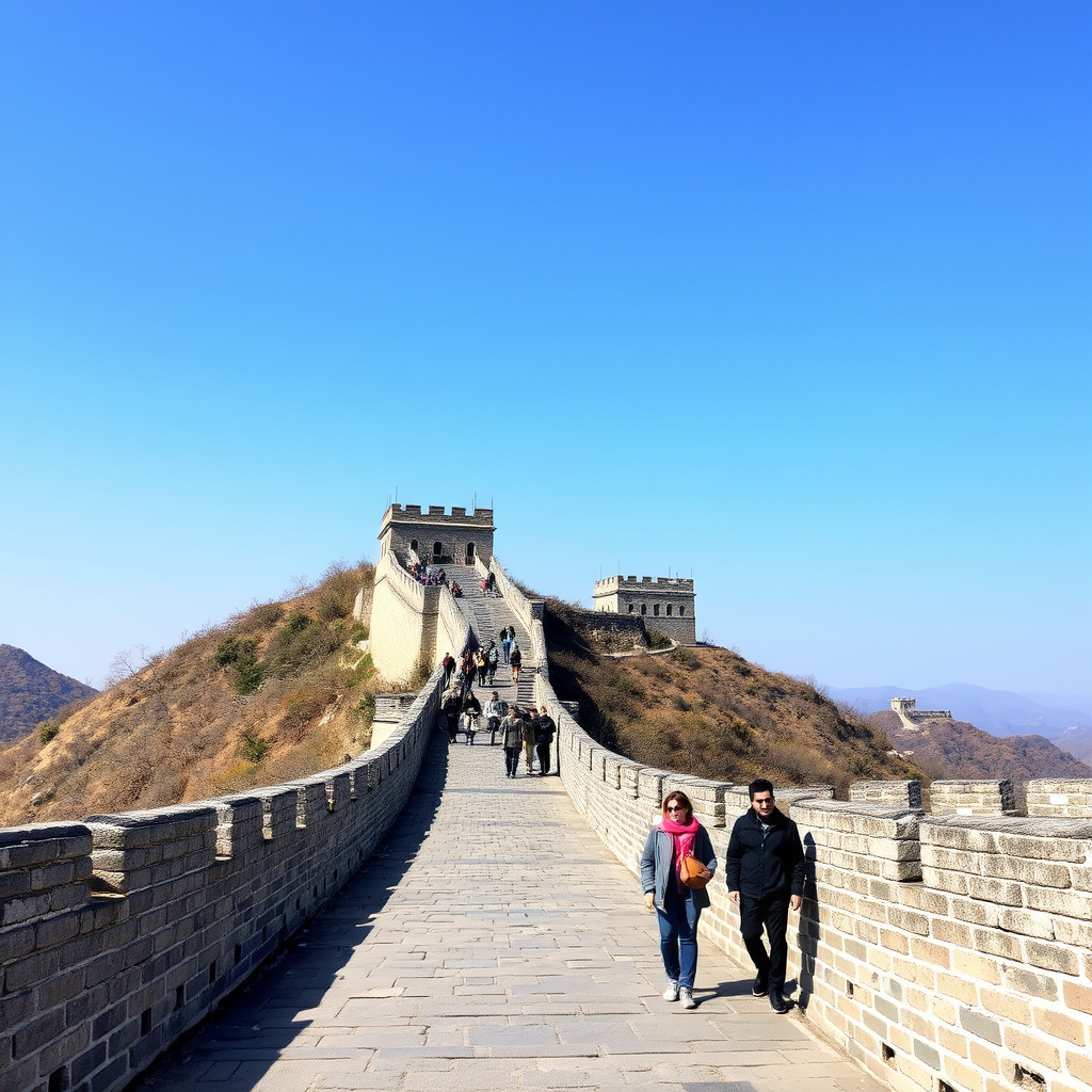 Walking along the ancient stone path of the Great Wall of China
