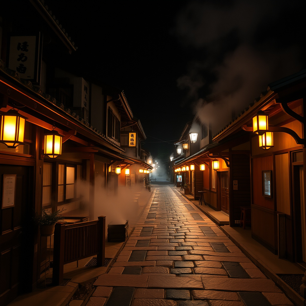 Japanese onsen town at night with glowing lanterns