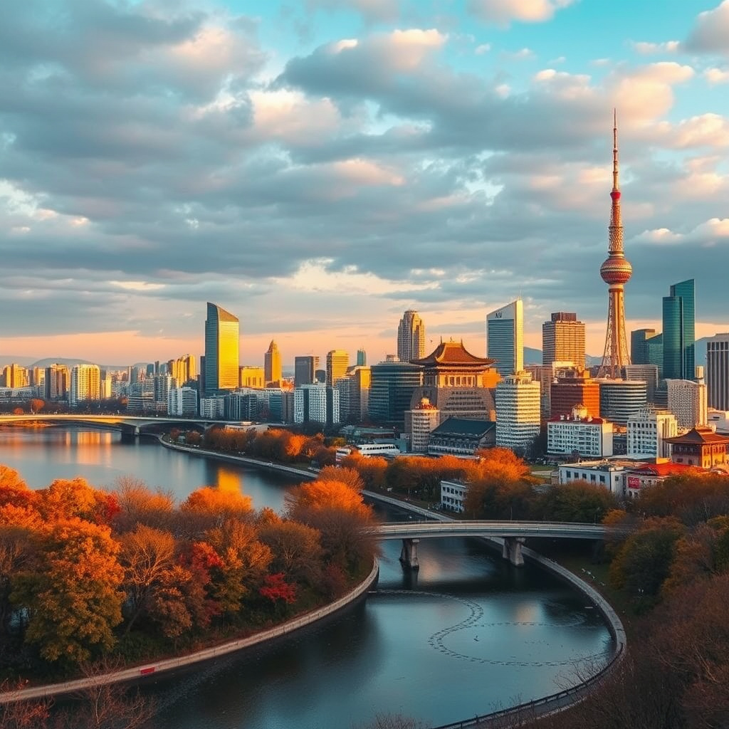 Seoul skyline panorama showing Namsan Tower at golden hour