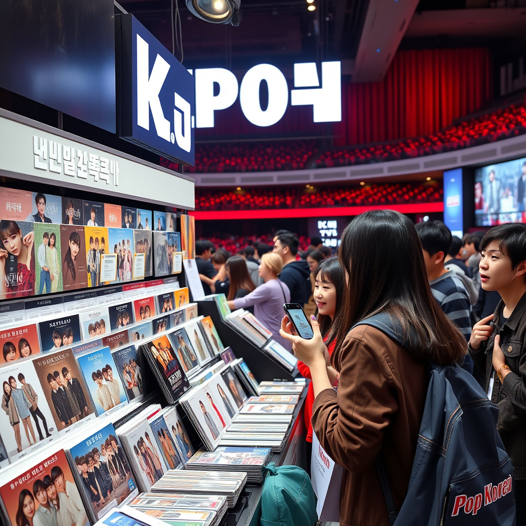 K-Pop concert merchandise booth with lightsticks and photo cards