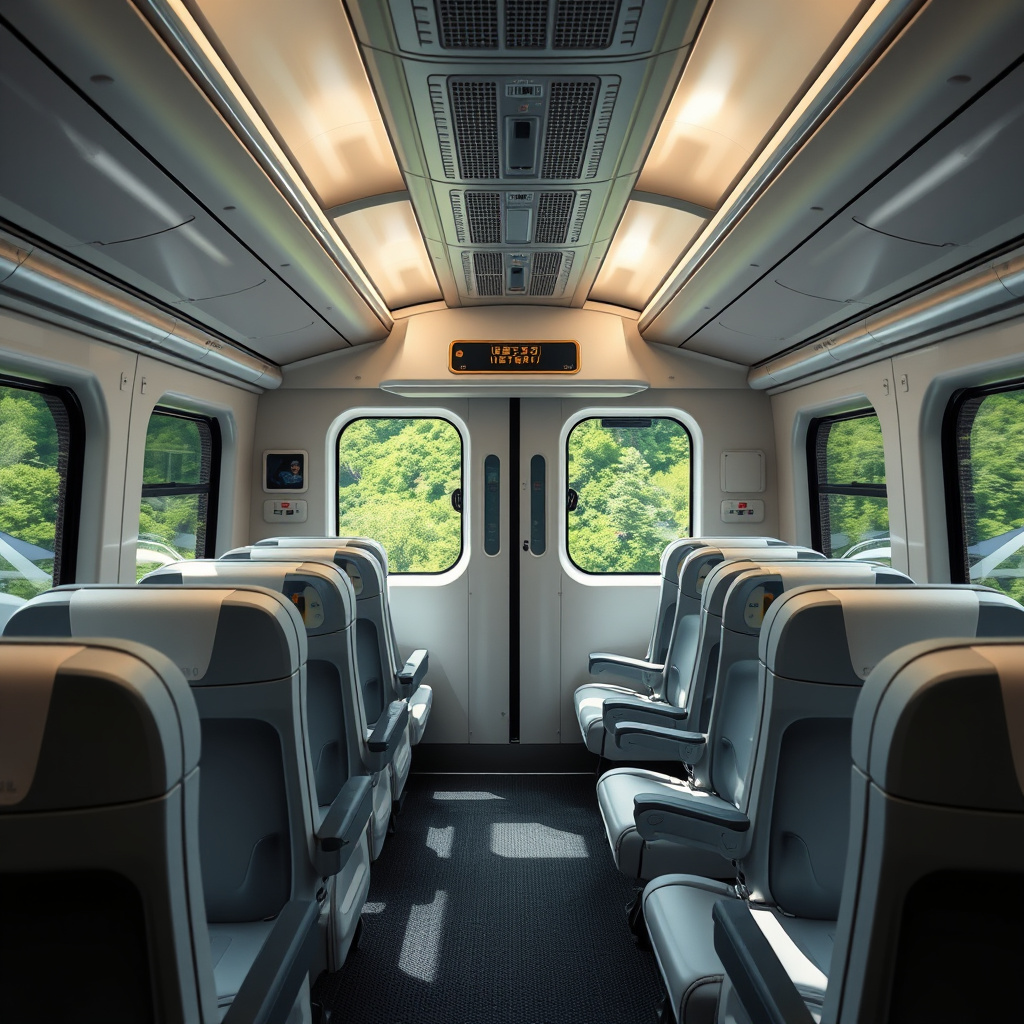 Interior of a Shinkansen bullet train showing comfortable seats and Japanese countryside