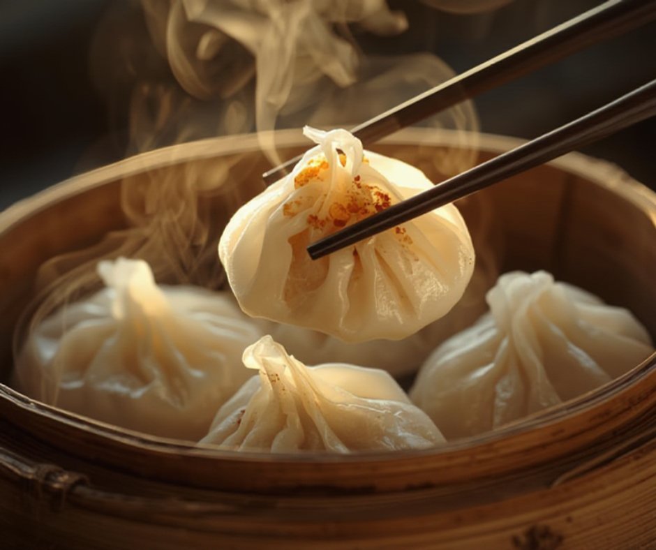Traditional xiaolongbao soup dumplings served in bamboo steamer in Shanghai