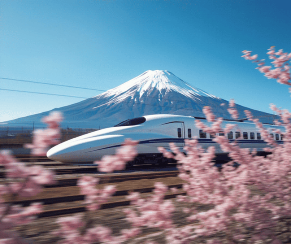 Shinkansen bullet train speeding past Mount Fuji in Japan