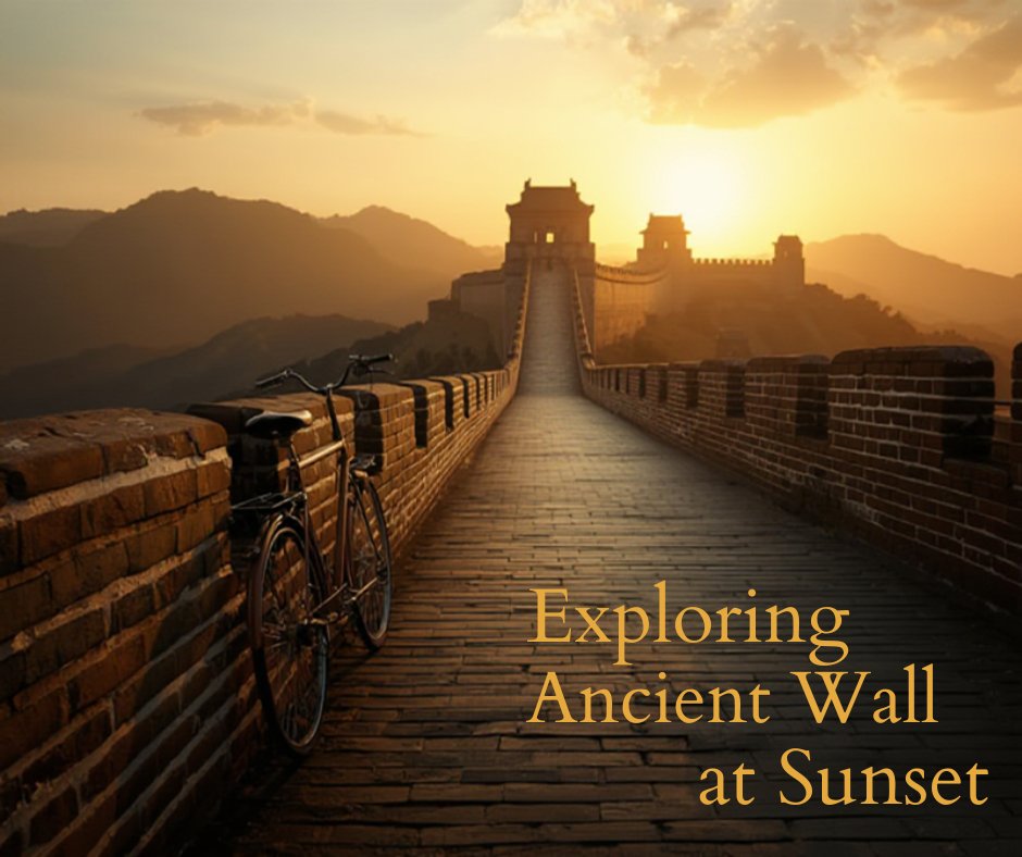 Xi'an ancient City Wall at sunset with watchtowers and bicycle