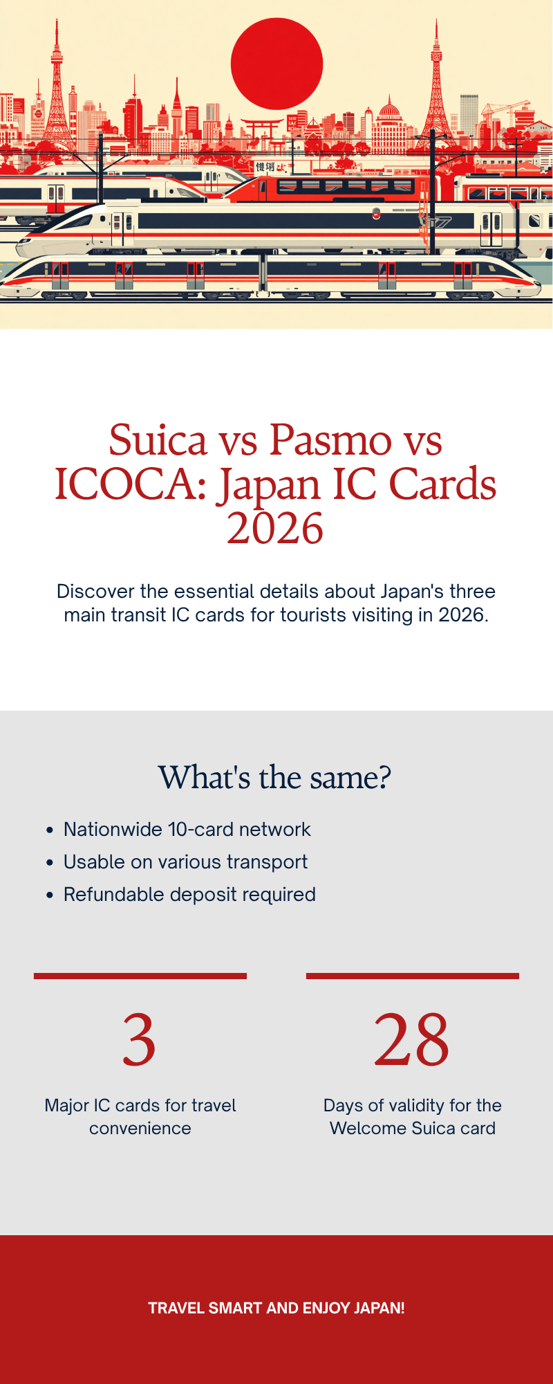 Infographic comparing Suica, Pasmo and ICOCA IC cards for Japan travel in 2026