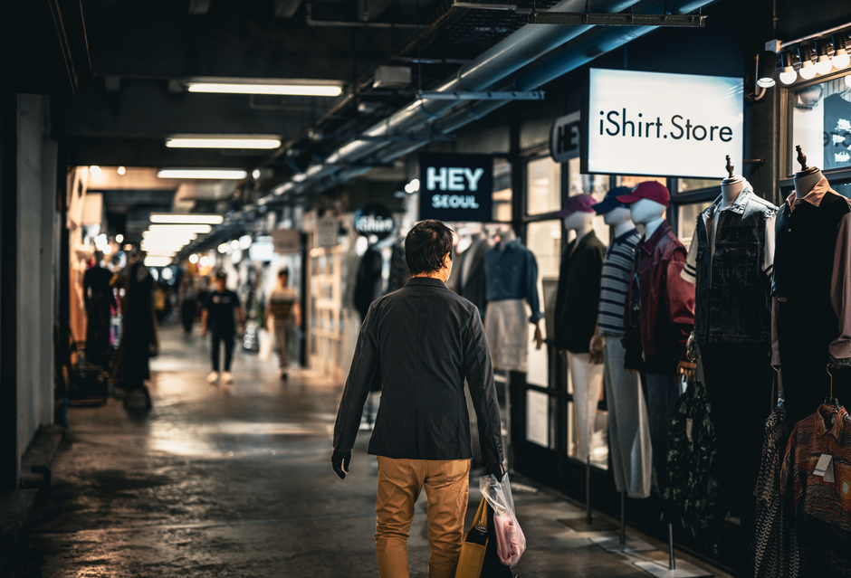 Dongdaemun night shopping mall interior with clothing stalls