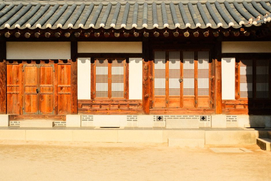 Korean hanok cafe interior with traditional wooden architecture