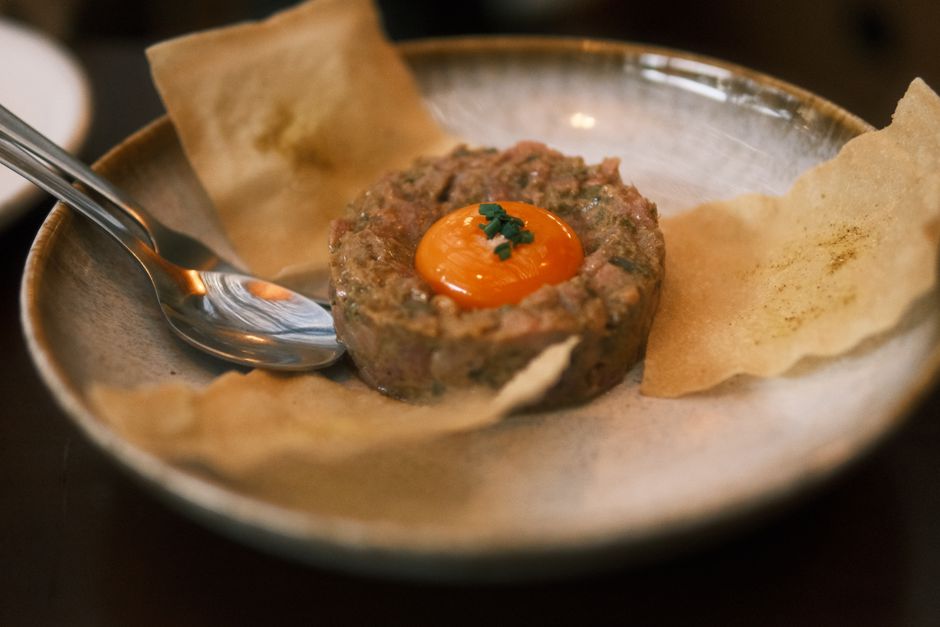 Korean yukhoe beef tartare with egg yolk at Gwangjang Market Seoul